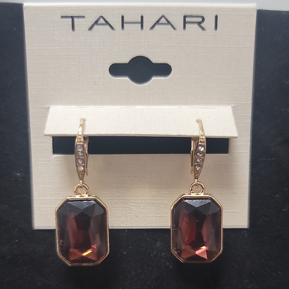Tahari Gold-Tone Dark Burgundy Emerald-Cut Crystal Drop Earrings